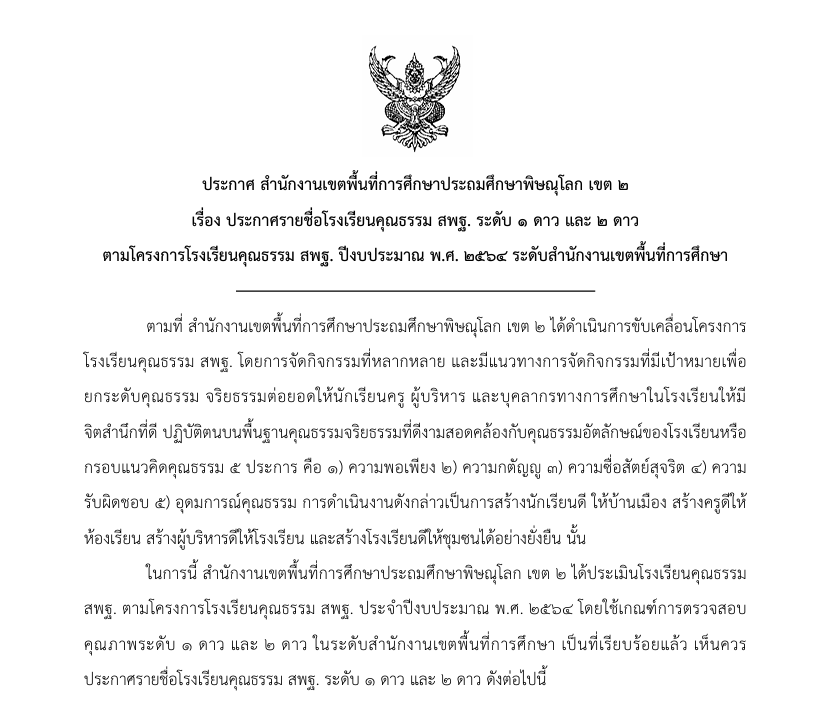 ประกาศรับรองโรงเรียนคุณธรรมระดับ 2 ดาว