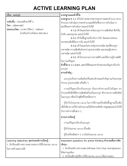 แผนการจัดการเรียนรู้